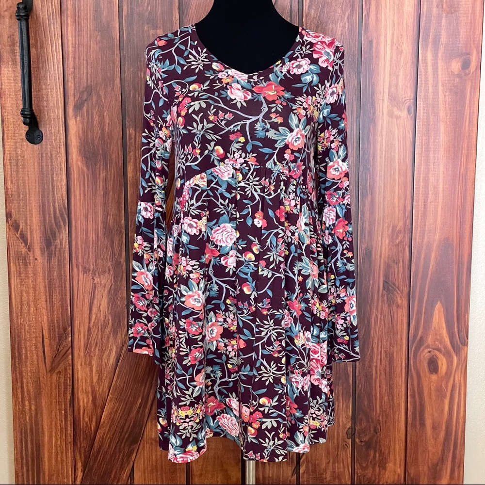 Amelia James Burgundy Floral Long Sleeve Dress